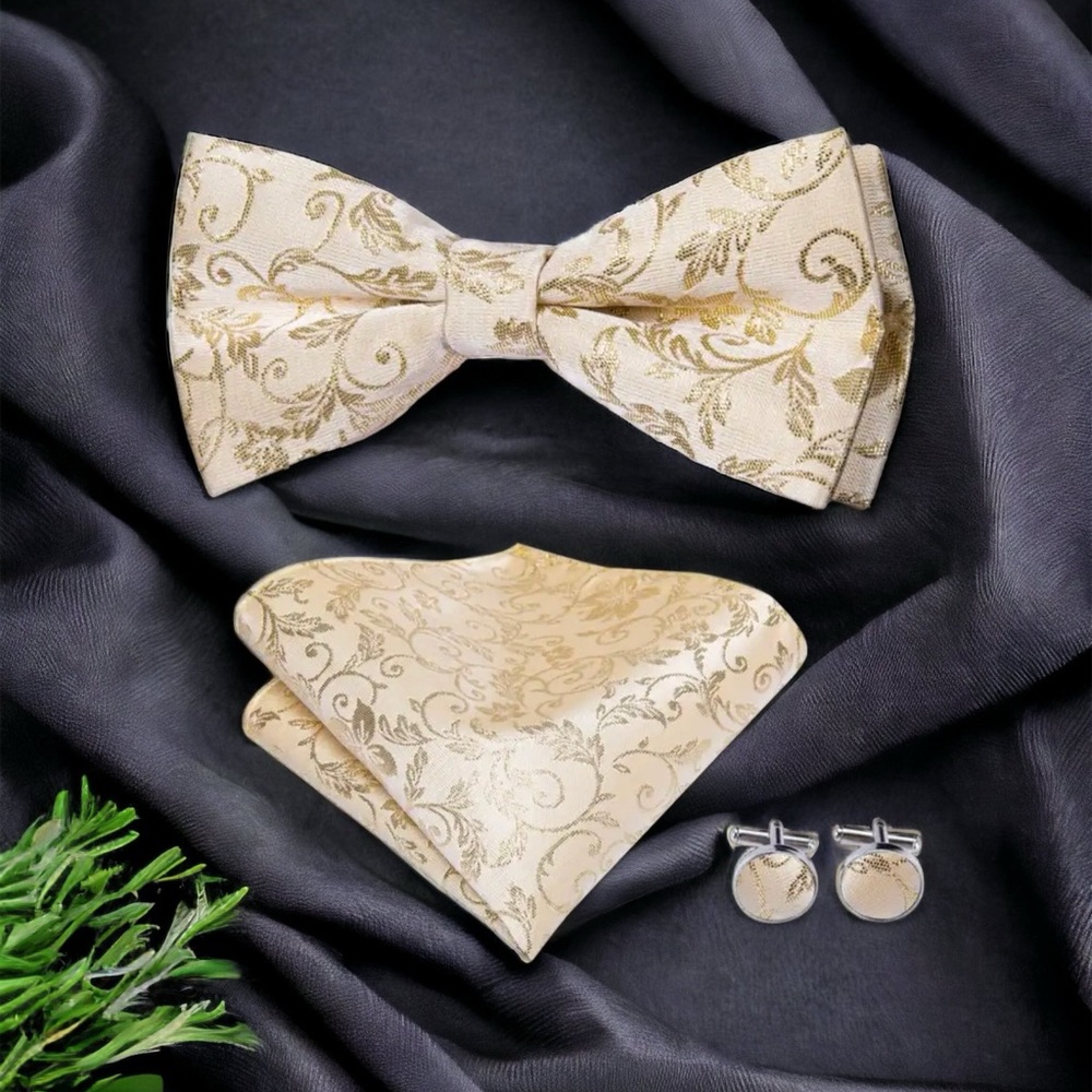 Men’s Silk Coordinated Bow-Tie Set, Beige Paisley